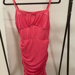 Linjou Pink Ruched Spaghetti Strap Dress